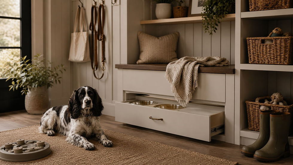 A calm pet-friendly mudroom with a black and white dog, built-in feeding station, woven storage baskets, leashes, blankets, and organized pet essentials.