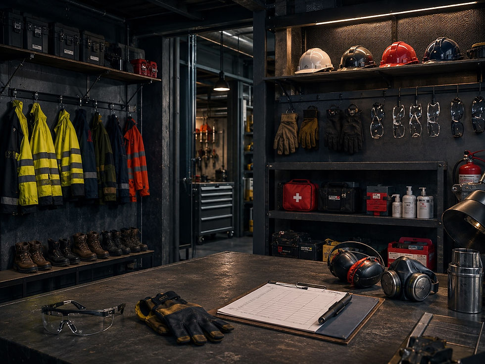 Organized safety gear room with high-visibility jackets, hard hats, gloves, safety glasses, first aid supplies, and protective equipment.