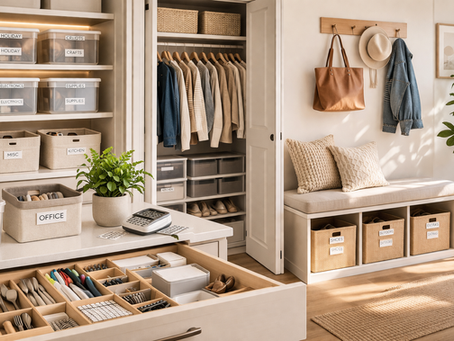 Organized home storage system with labeled bins, closet organization, drawers, and entryway seating designed for simple, clutter-free living.