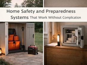 Home safety and preparedness setup with outdoor storage shed, portable generator, and fireproof safe organized for simple and reliable home readiness