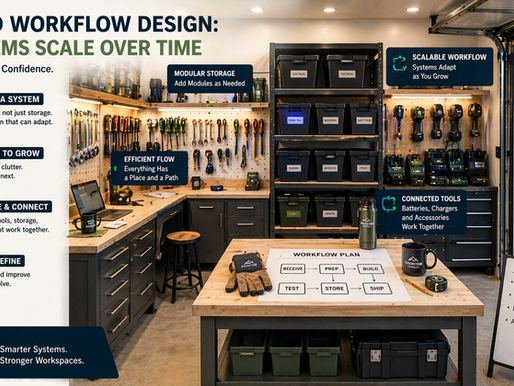 organized workshop with modular storage, connected tools, and workflow layout designed to scale over time