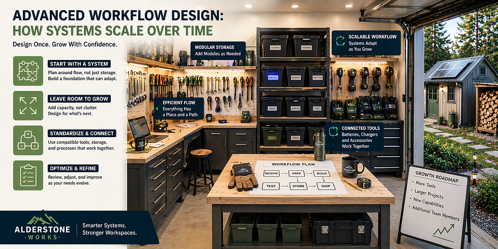 organized workshop with modular storage, connected tools, and workflow layout designed to scale over time