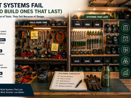 comparison of disorganized and organized workshop systems showing why systems fail and how structured setups create long-term efficiency
