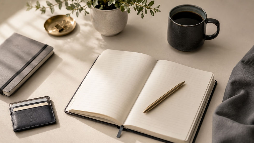 Open journal with pen, coffee, card holder, notebook, brass tray, and refined desk accessories