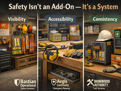 organized workshop safety setup with accessible PPE including gloves, safety glasses, and ear protection arranged for consistent daily use