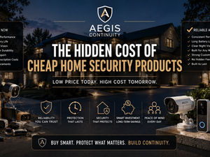 Modern residential home with integrated smart security systems, layered lighting, surveillance, and centralized monitoring at dusk