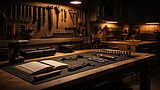 Structured workshop workbench with organized tools, warm lighting, and precision layout representing industrial functionality and engineered workspace design.