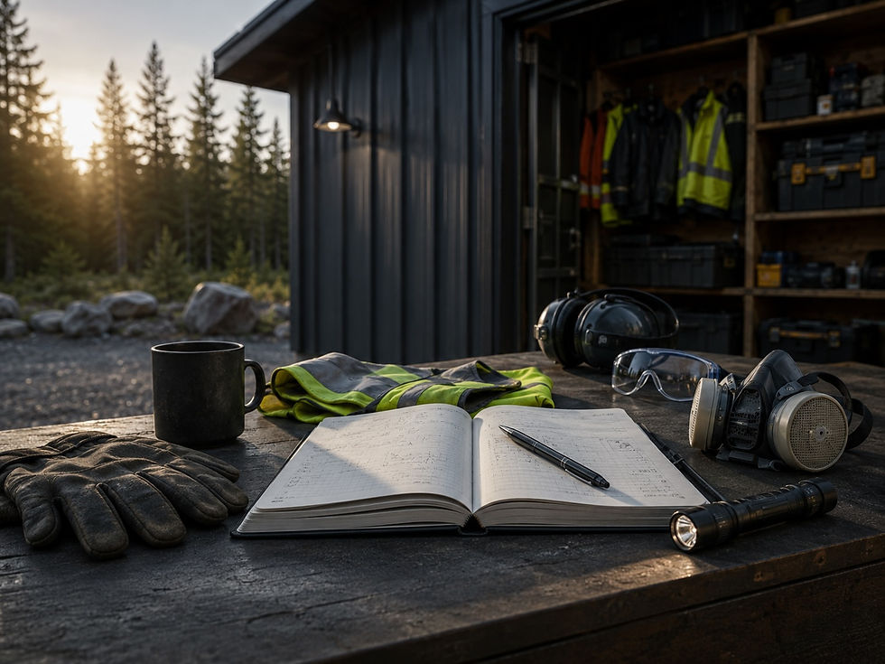Open field journal with protective gear, gloves, safety glasses, respirator, flashlight, and high-visibility workwear on a dark workbench.