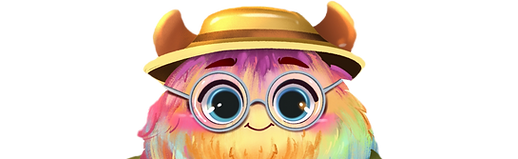 A fluffy, multicoloured creature wearing an explorer hat