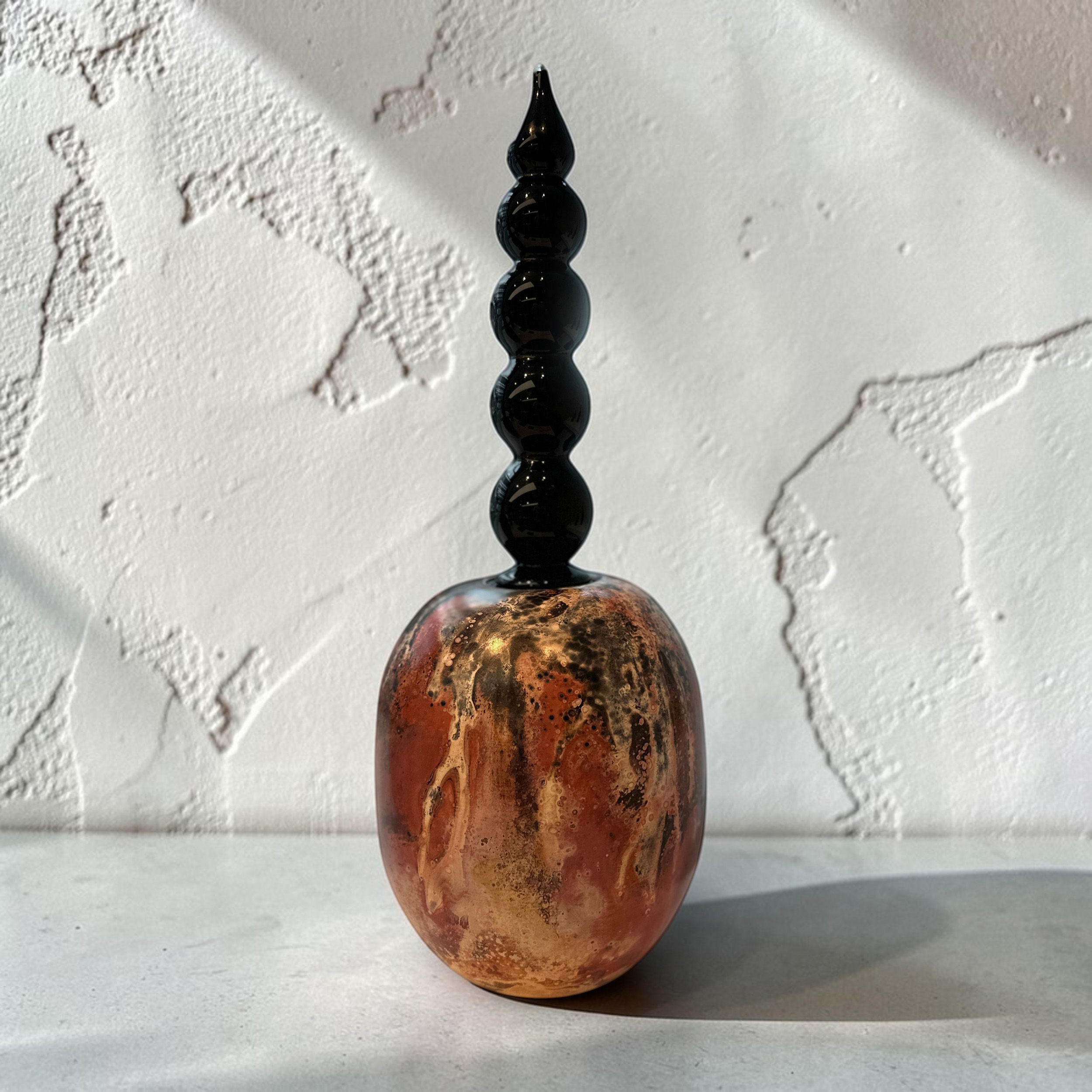 Saggar Fired Ferric Chloride Raku with Blown Glass Top - 48cm x 19cm