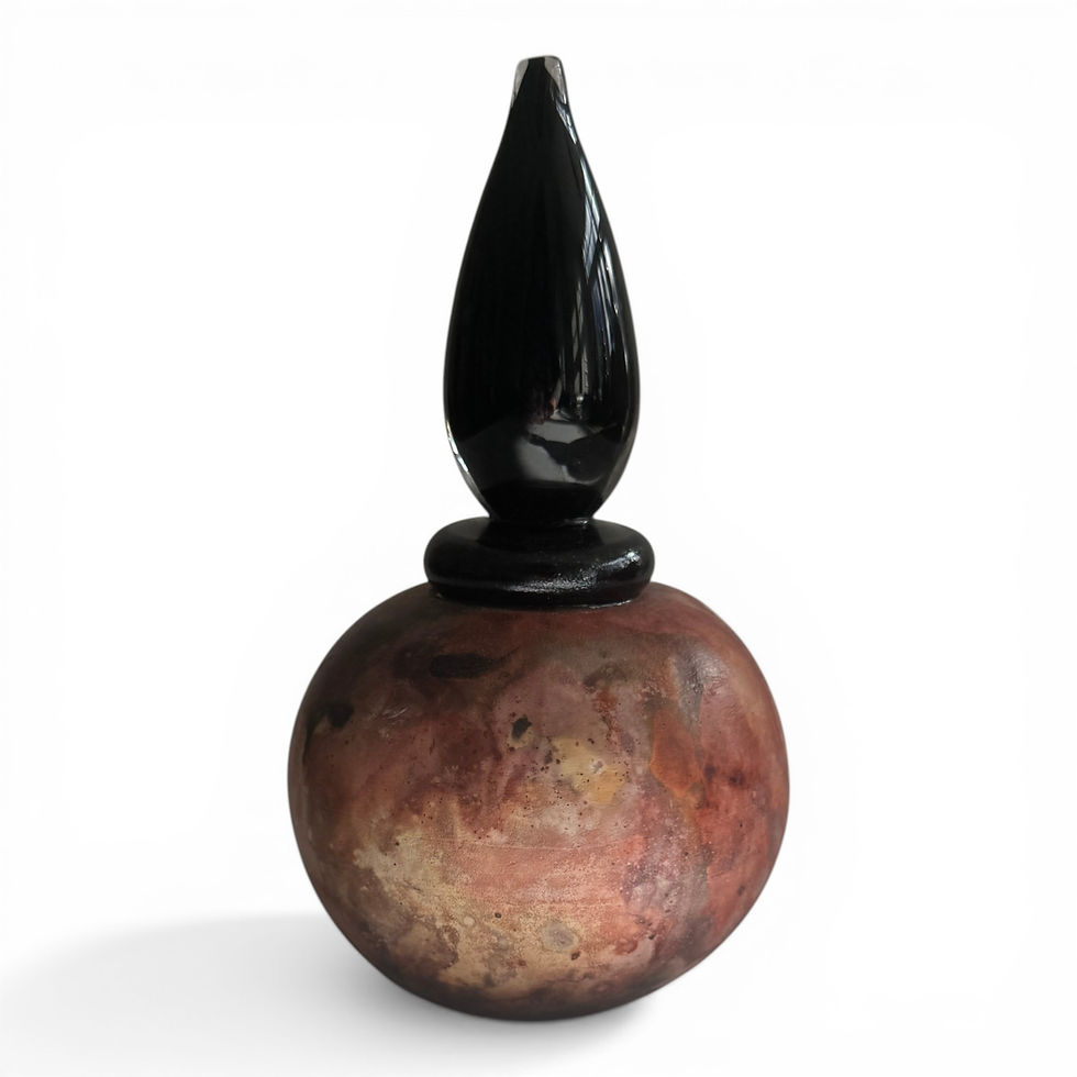 Thumbnail: Saggar Fired Ferric Chloride Raku with Blown Glass Top - 16cm x 9cm