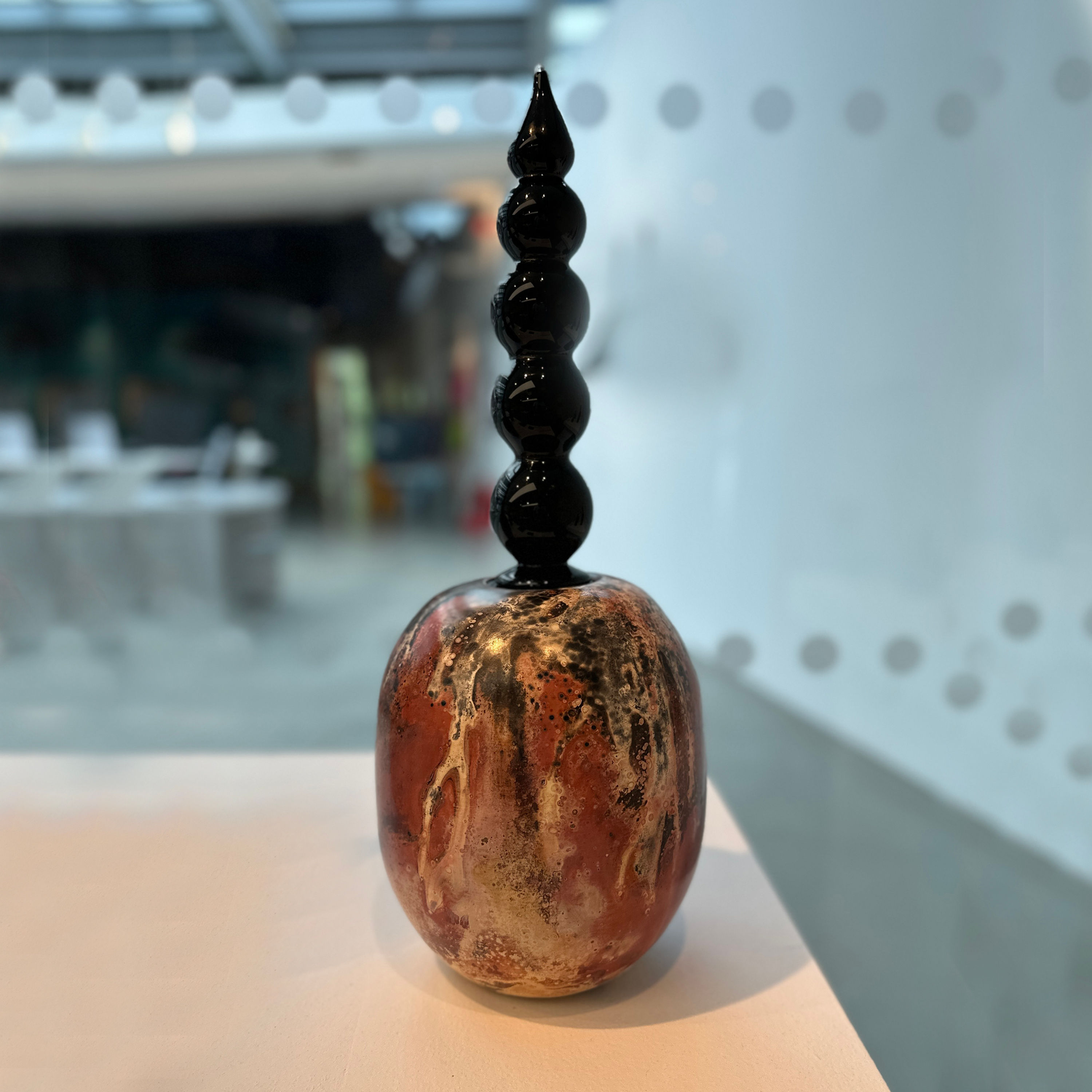 Saggar Fired Ferric Chloride Raku with Blown Glass Top - 48cm x 18cm