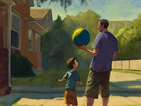 FATHER AND SON PLAYING BALL by Rolleen