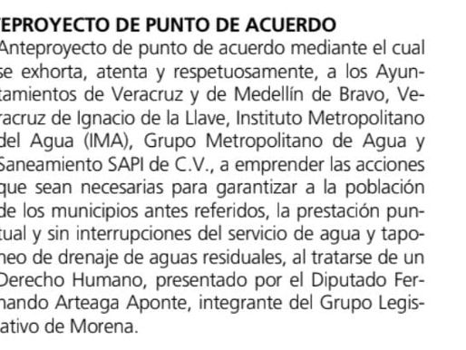 Presenta diputado morenista Punto de Acuerdo para garantizar el servicio de agua en Veracruz y Medel