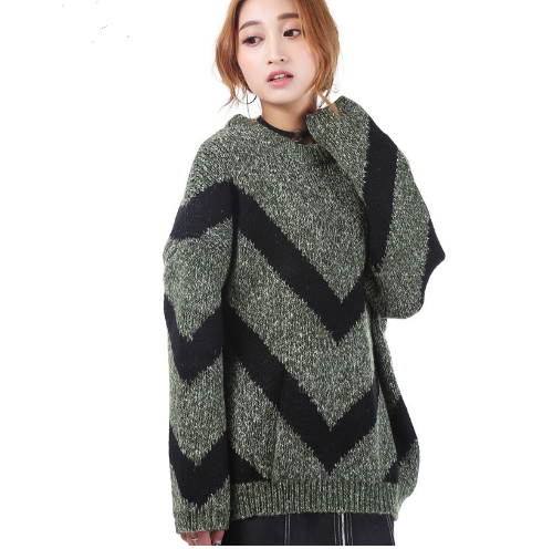 Thumbnail: Striped Knit Sweater with Round Neck Design