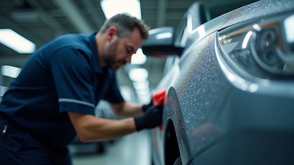 Eye-level view of a technician polishing a car’s exterior