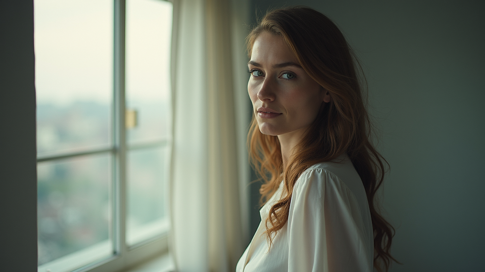 Γυναίκα με μακριά καστανά μαλλιά κοιτάζει ήρεμα προς τον φακό, φορώντας λευκή μπλούζα. Βρίσκεται κοντά σε παράθυρο με απαλή φυσική φωτεινότητα.