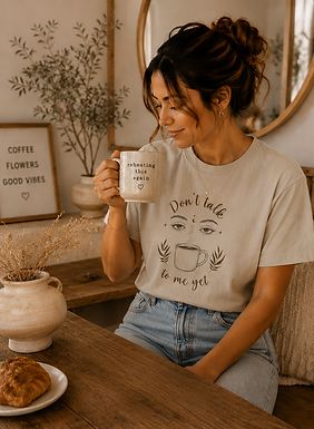 Woman holding coffee mug, wearing 'Don't talk to me' t-shirt