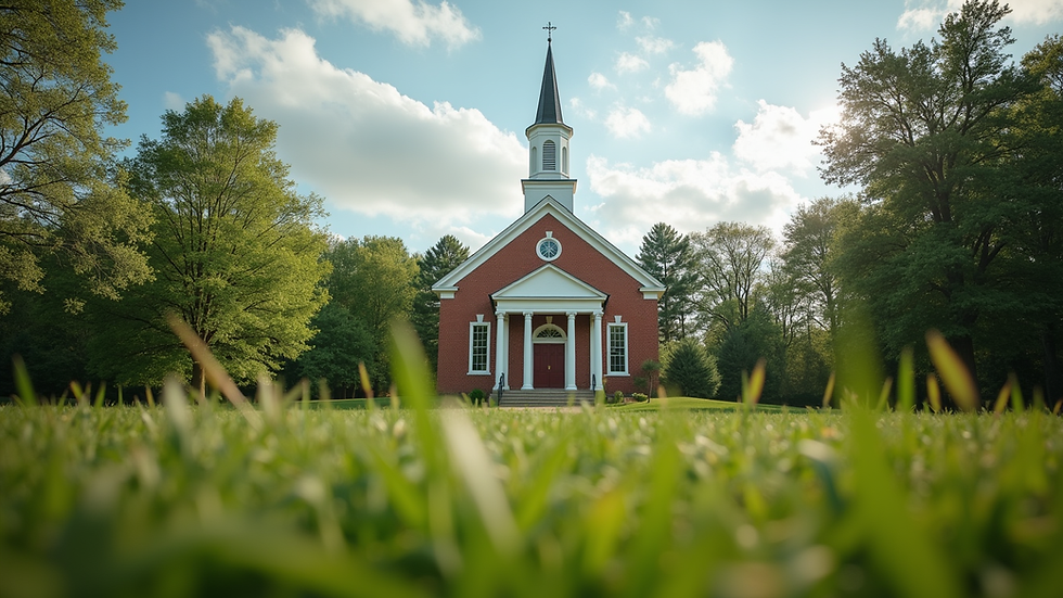 Eye-level view of the FMBC Elm City church building surrounded by greenery