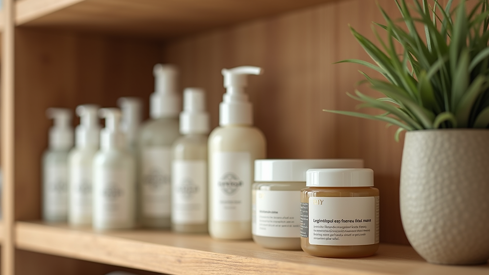 Eye-level view of eco-friendly skincare products arranged on a wooden shelf