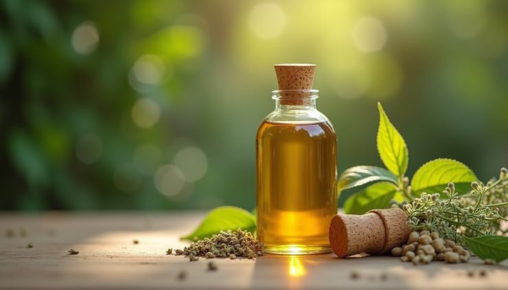 Eye-level view of a bottle of Bhringraj oil with natural herbs around it