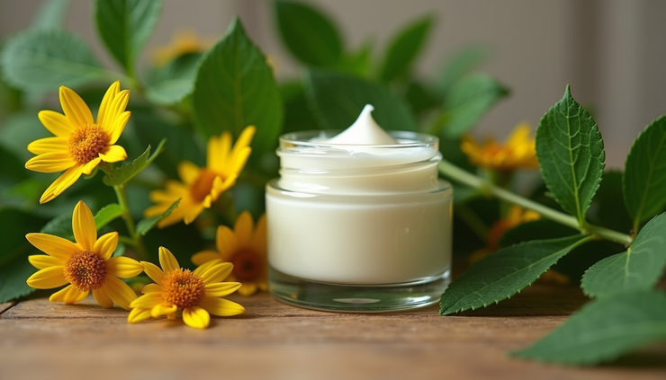 Eye-level view of a small jar of arnica cream on a wooden surface with green leaves