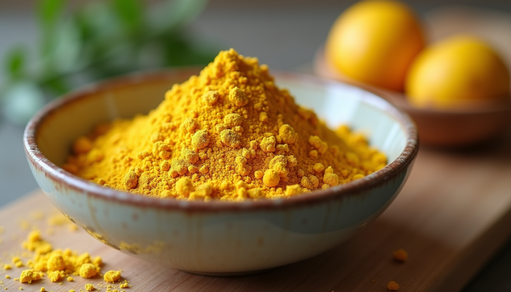 Eye-level view of a bowl containing amla powder and natural skincare ingredients