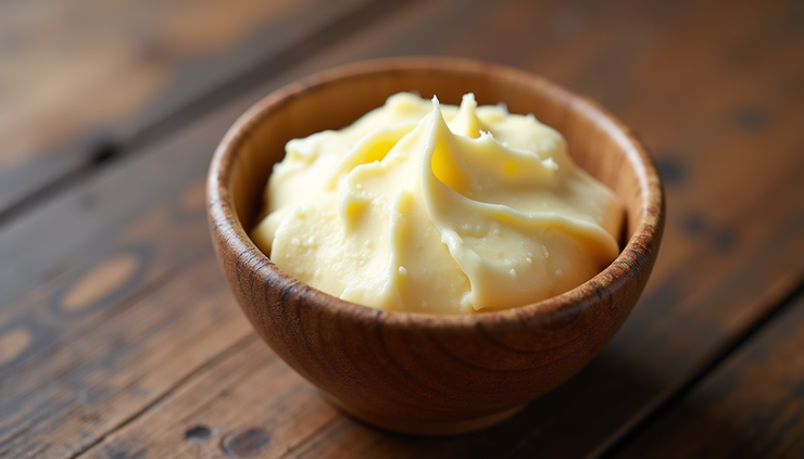 Close-up view of creamy shea butter in a wooden bowl
