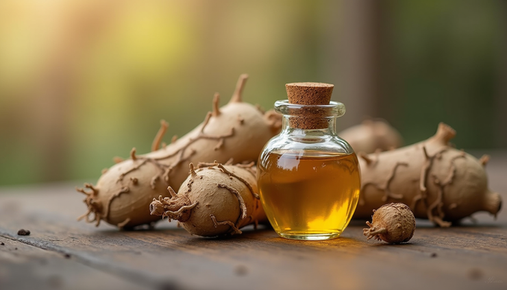 Eye-level view of a small glass bottle of burdock root oil with dried roots beside it