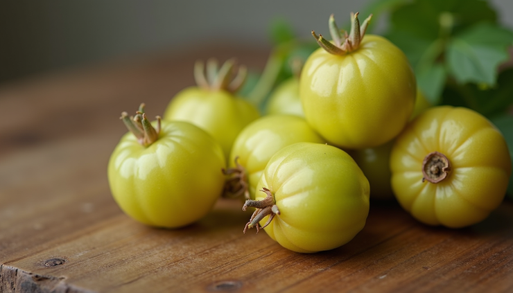 Close-up view of fresh amla berries on a wooden surface