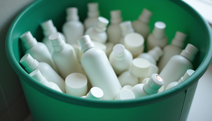 Eye-level view of a recycling bin filled with empty skin care containers