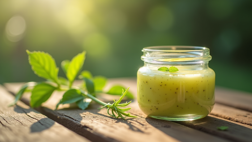 Eye-level view of a small glass jar of homemade chickweed salve on a wooden surface