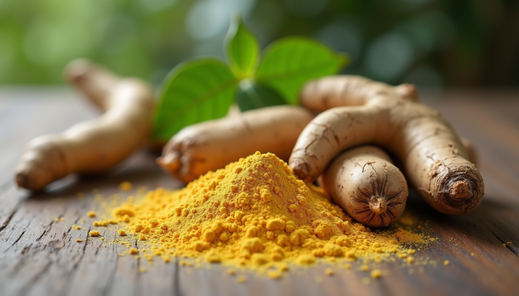 Close-up view of ashwagandha roots and powder on wooden surface