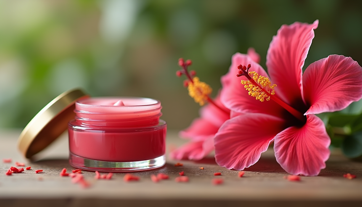Eye-level view of a small jar of hibiscus lip balm on a wooden surface with hibiscus flowers nearby