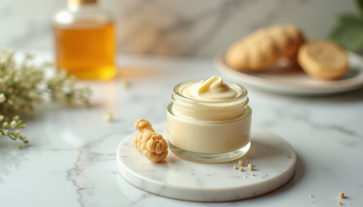 Eye-level view of a small glass jar filled with ashwagandha cream on a marble countertop