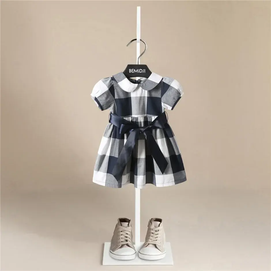 Thumbnail: Charming Dress Girls Cotton Casual Plaid Bow
