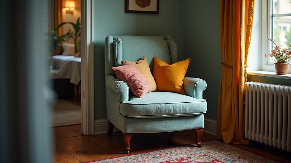 Eye-level view of a vintage armchair with colorful throw pillows