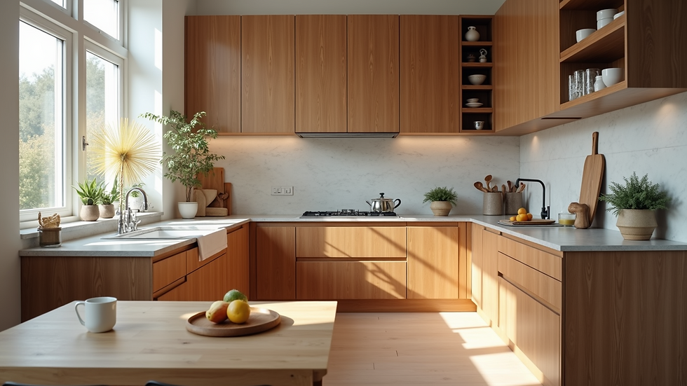 Eye-level view of a modern L-shaped kitchen with wooden cabinets