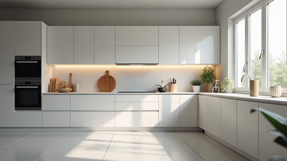 Eye-level view of modern kitchen with new countertops and appliances