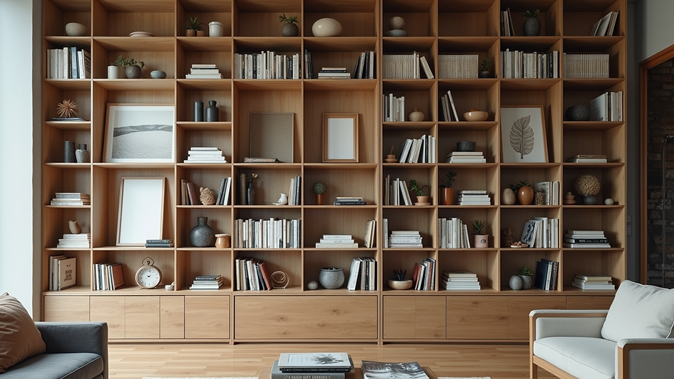 Wide angle view of organized shelves filled with decorative items and books