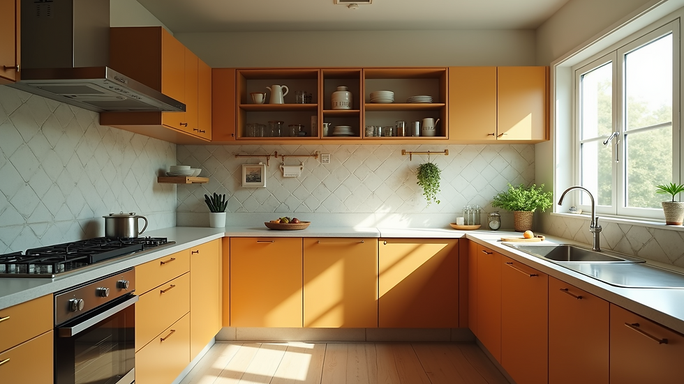 Wide angle view of a vintage modern kitchen blend