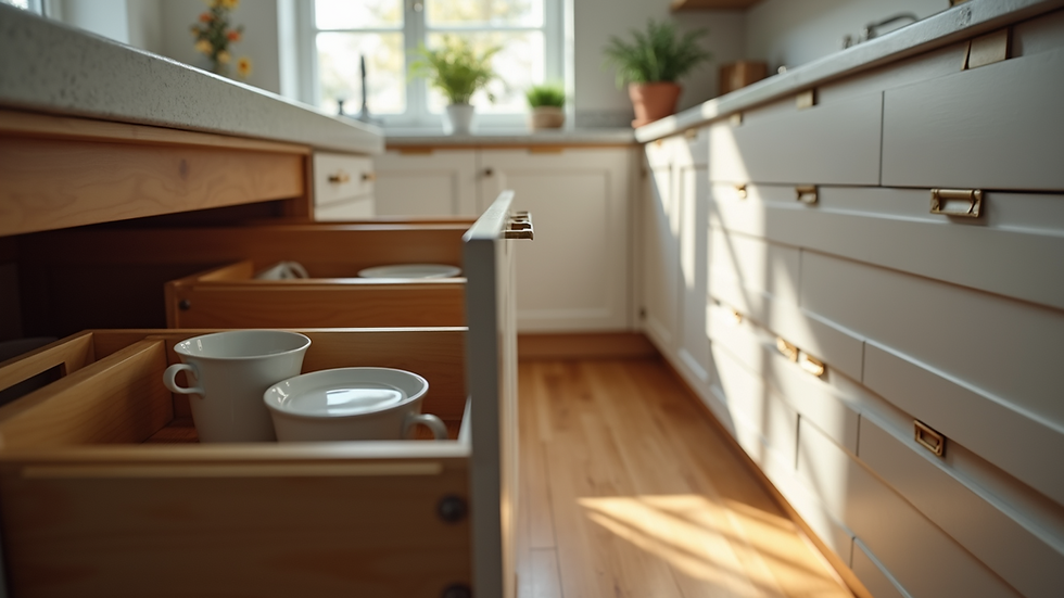 Eye-level view of kitchen cabinet with pull-out shelves neatly organized