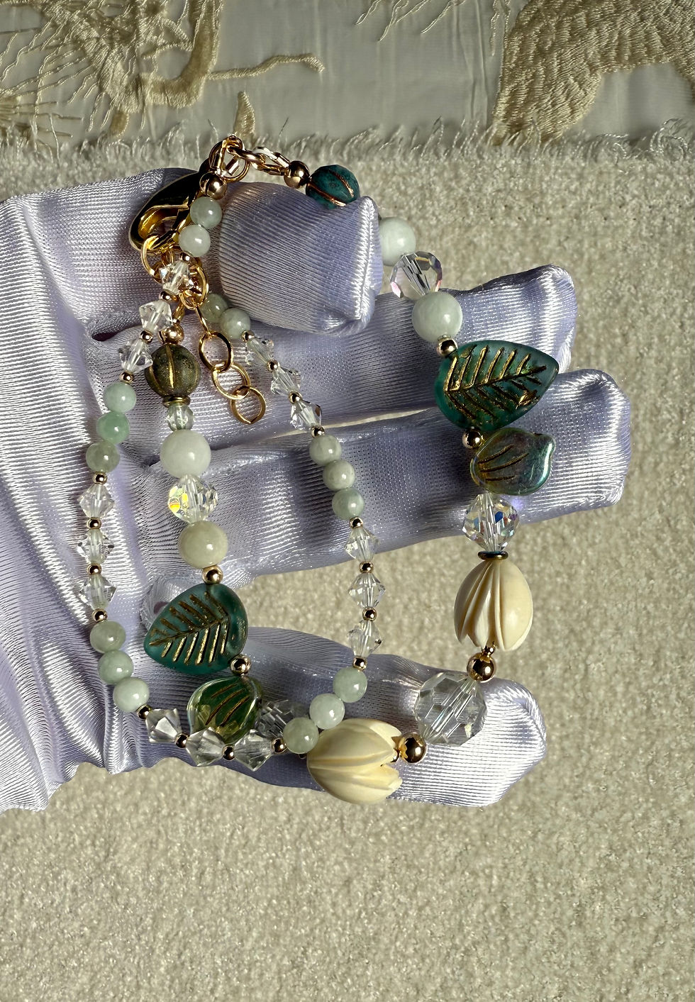 Thumbnail: Double Strand Jadeite and Crystal Bracelet Gold Accent Beads