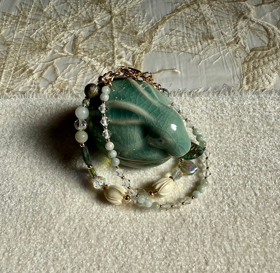 Thumbnail: Double Strand Jadeite and Crystal Bracelet Gold Accent Beads