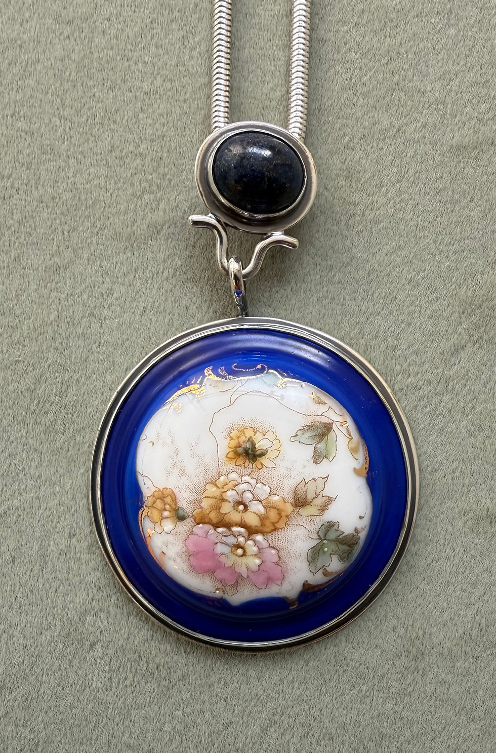 Thumbnail: Antique Porcelain Sterling Silver Pendant With Long Silver Snake Chain