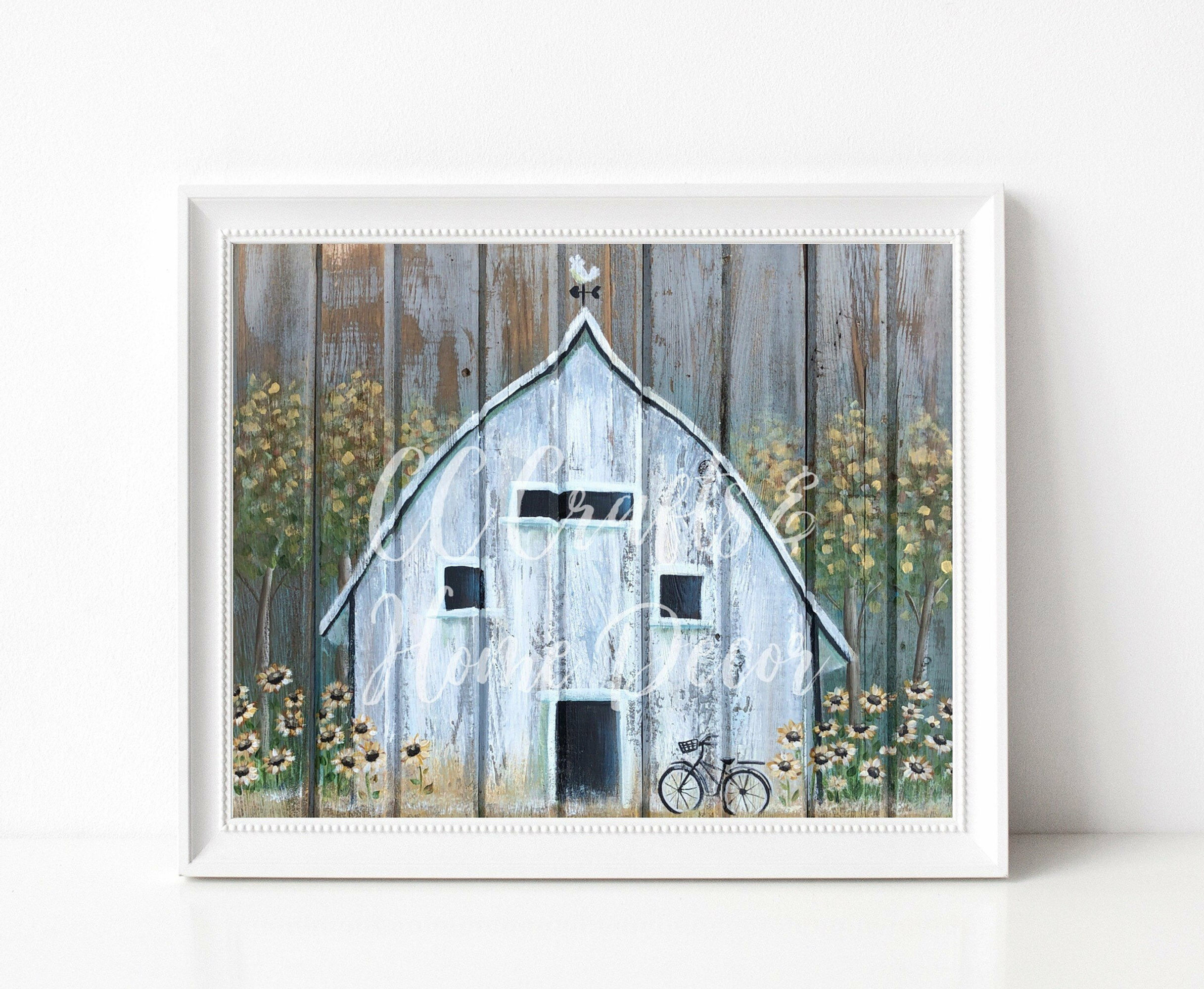 White Barn with Sunflowers Print
