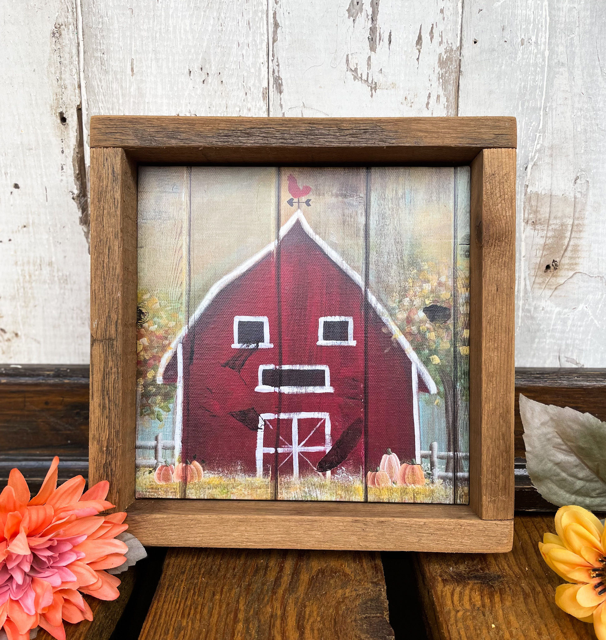 Red Barn with Pumpkins Canvas Print with Reclaimed Wood Frame