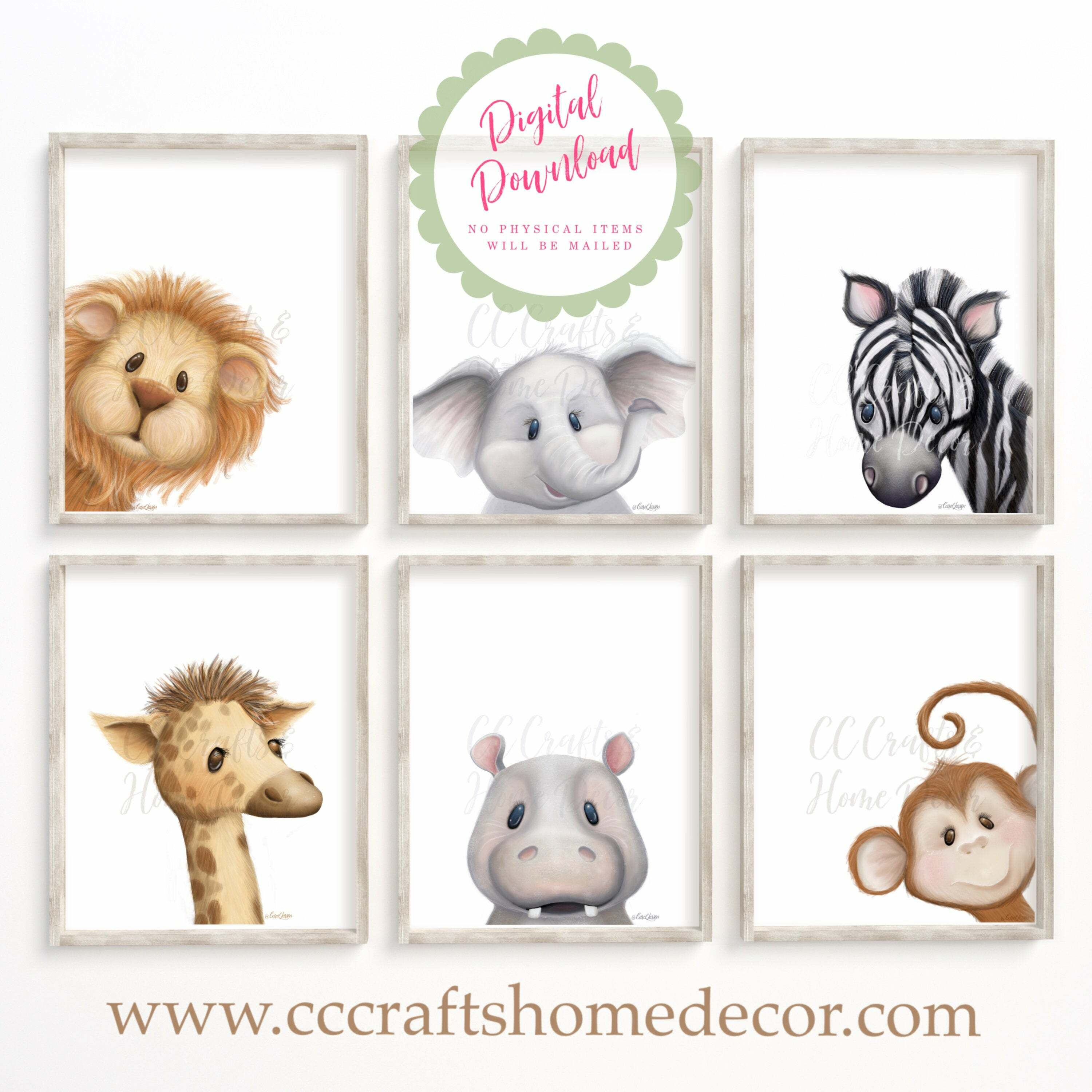 Set of Six (6) Safari/Jungle Animal Theme Nursery Digital Art Prints INSTANT DIG