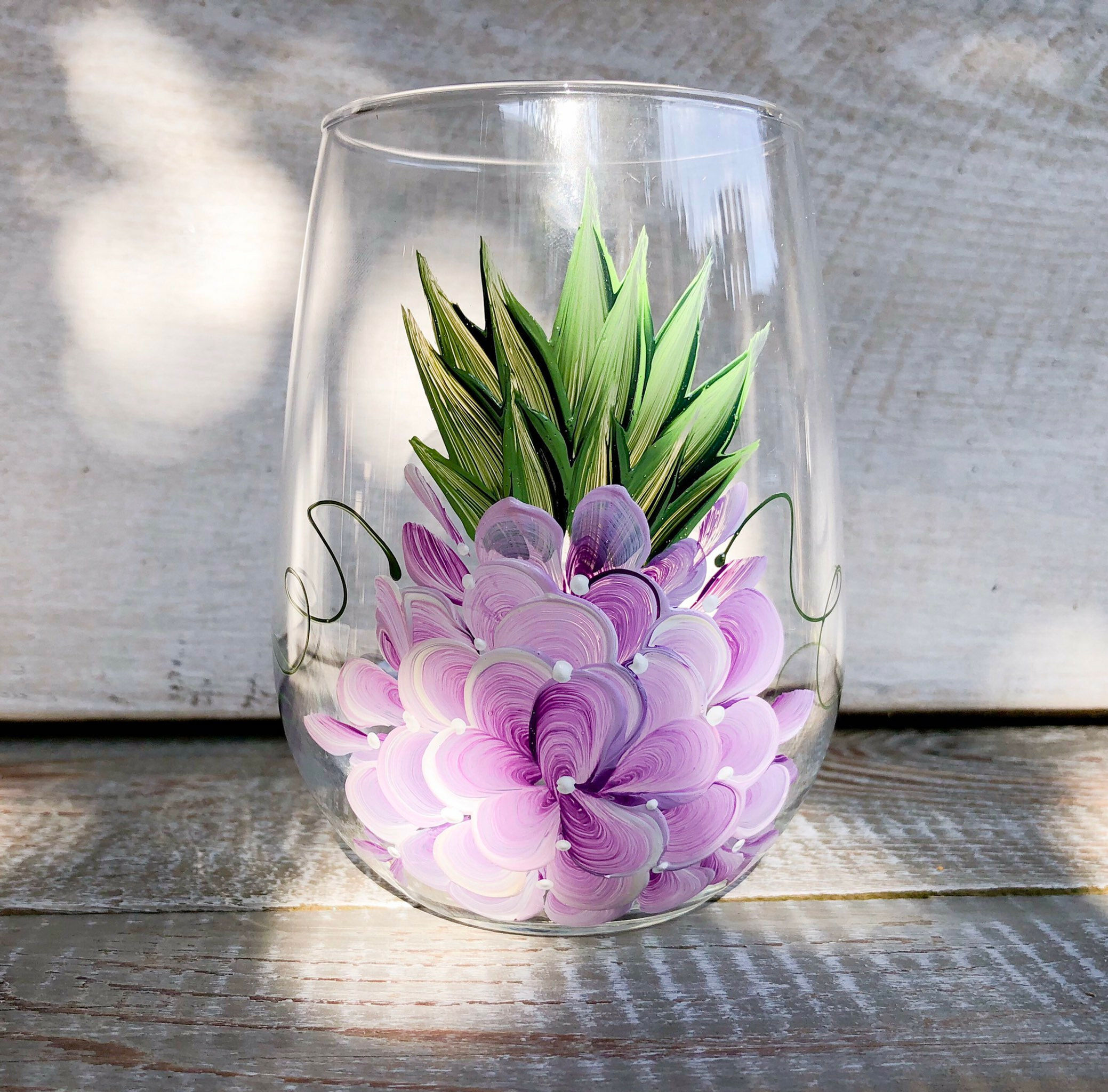 Hand painted Purple Floral Pineapple STEMLESS Glass