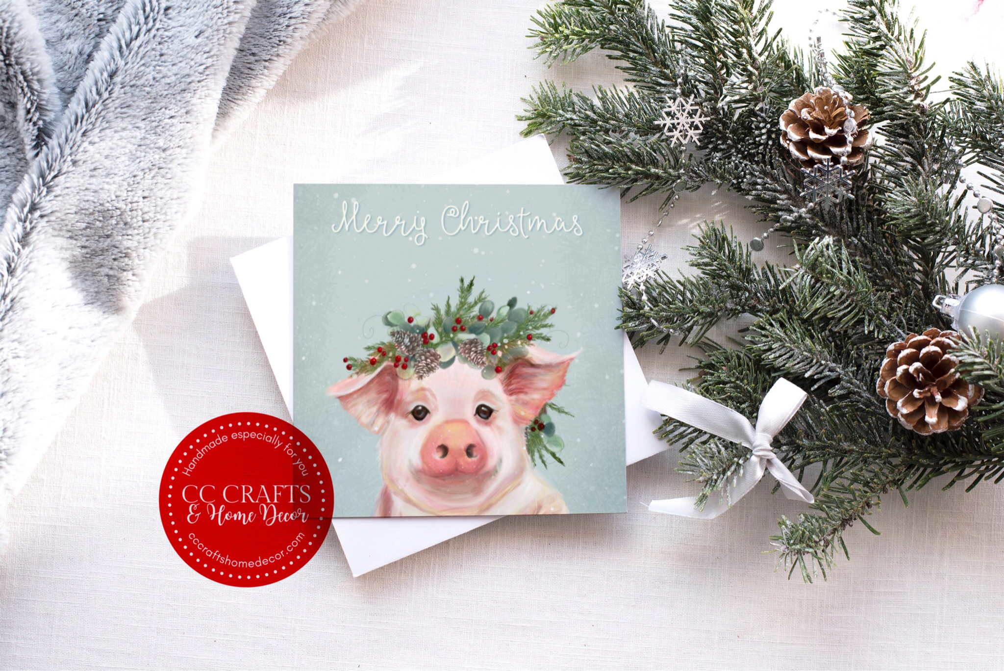 Christmas Pig Card Original Design Blank inside, with white envelope. 5.5” x 5